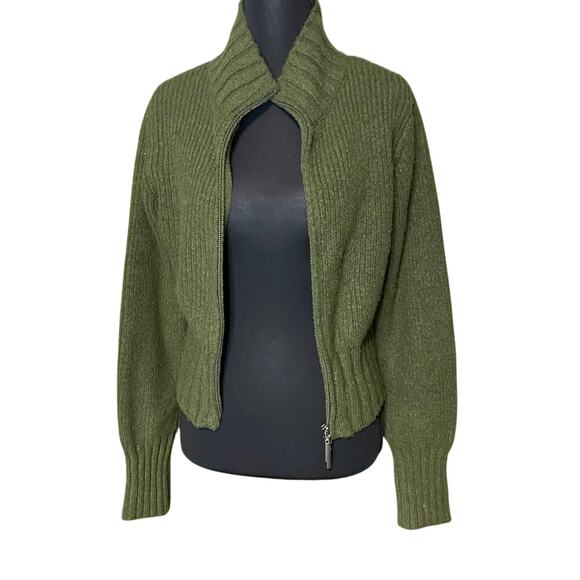Pink Rose Green Cardigan zip Sweater with Collared Neckline NWT Large cozy olive - Picture 1 of 6